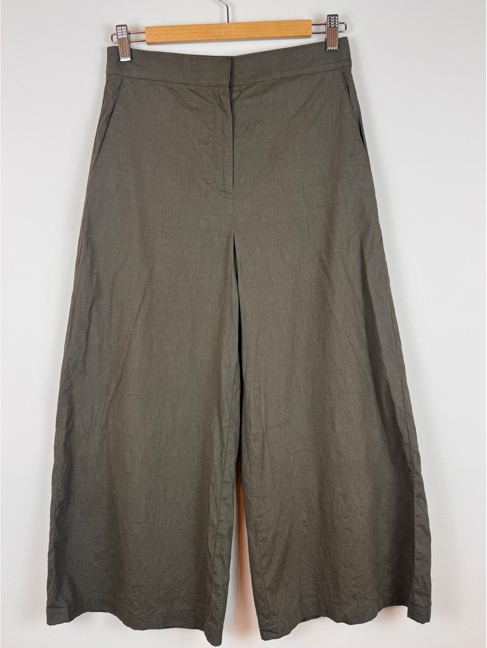 Theory Olive Green Stretch Crepe Wide Leg Cropped Pants High Rise Size 2